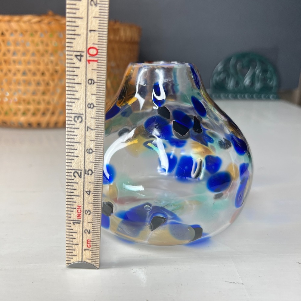 Vintage Signed Studio Art Glass Vase 4 in Cobalt Blue Amber Aqua Spot Pattern - Picture 8 of 10